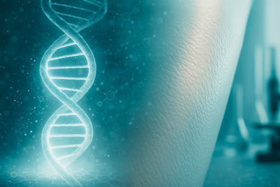 DNA double helix with a blurred background of a laboratory setting