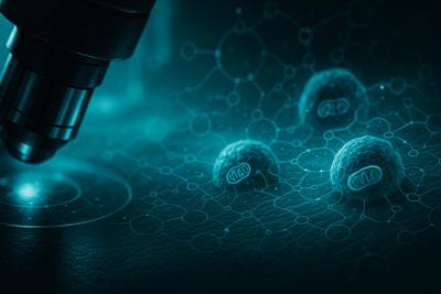 Microscope examining digital representations of viruses on a futuristic background