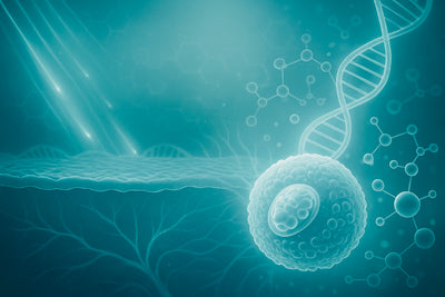 Illustration of a cell with DNA strands on a blue background