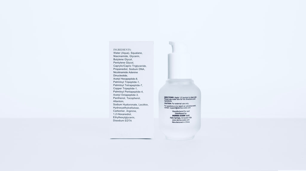 DERMA-CODE™ Pulse Serum bottle and packaging reverse view showing full formula transparency