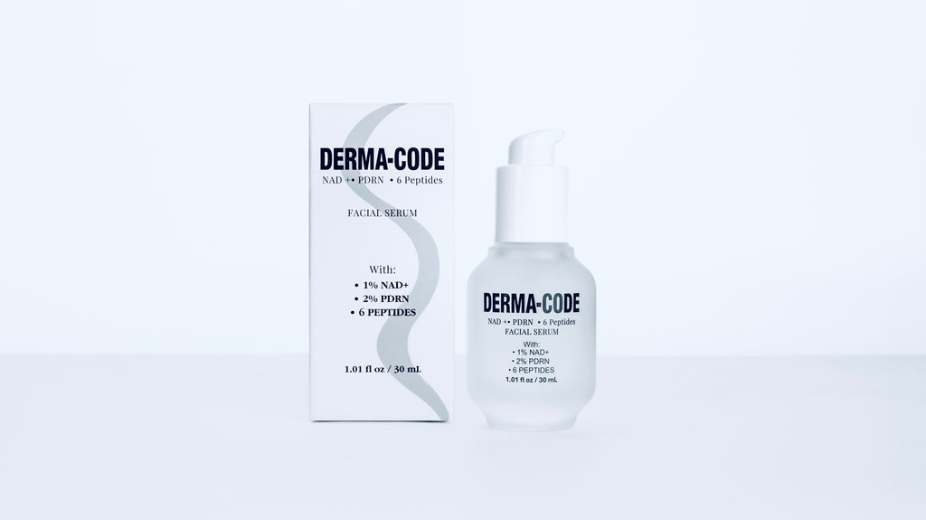DERMA-CODE™ Pulse Serum bottle and box packaging NAD+ PDRN peptide serum for visible hydration and barrier support